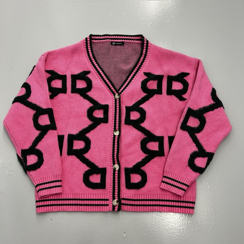 PrettyGarden Womens Pink Black Graphic Knit Button Front Cardigan Size Large